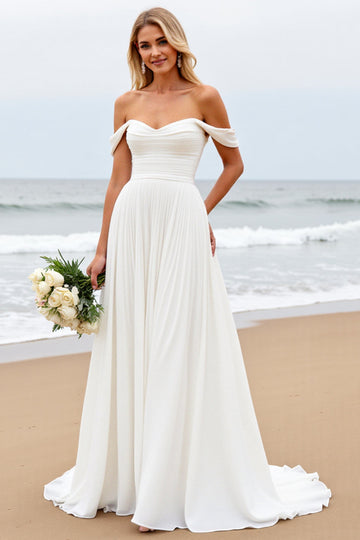 Simple Off The Shoulder Chiffon Ivory Wedding Dress